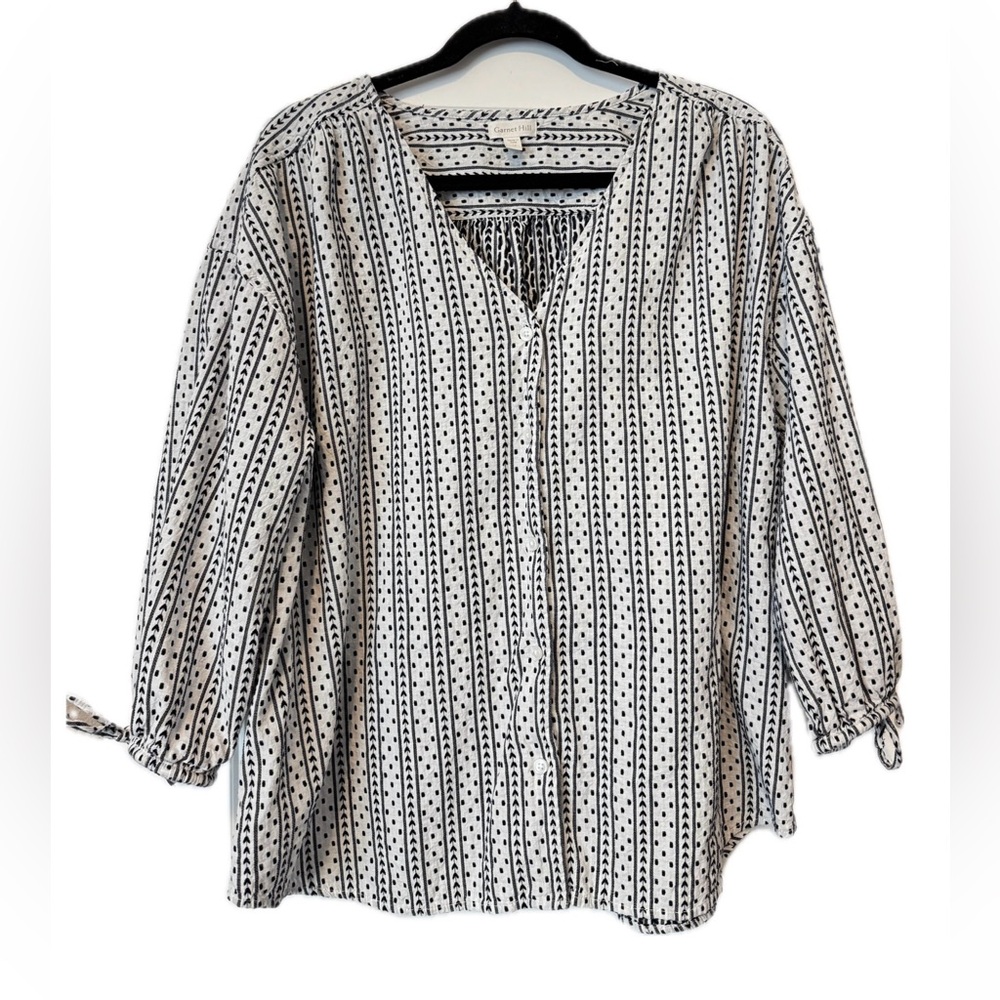 Garnet Hill Organic Cotton Boho Blouse Size 18 Black White Tie Sleeve Top